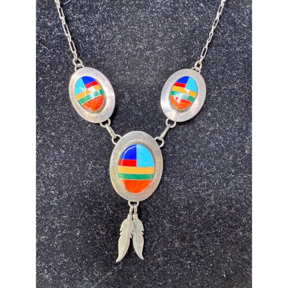 Native American Sterling Silver Navajo Necklace With Multi-Stone Inlay & Feather - Picture 3 of 8